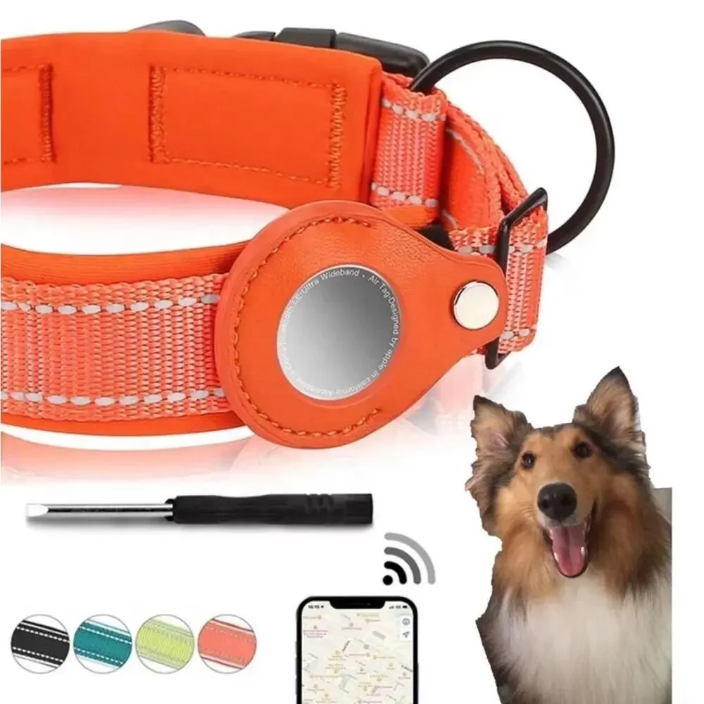 NWT dog collar blue Apple AirTag tracker reflective padded nylon medium B182